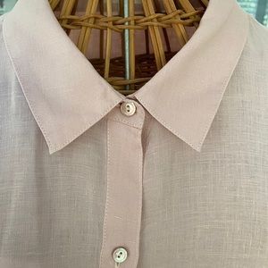 Eileen Fisher pink, organic linen, camp shirt. Light pink with a generous cut.